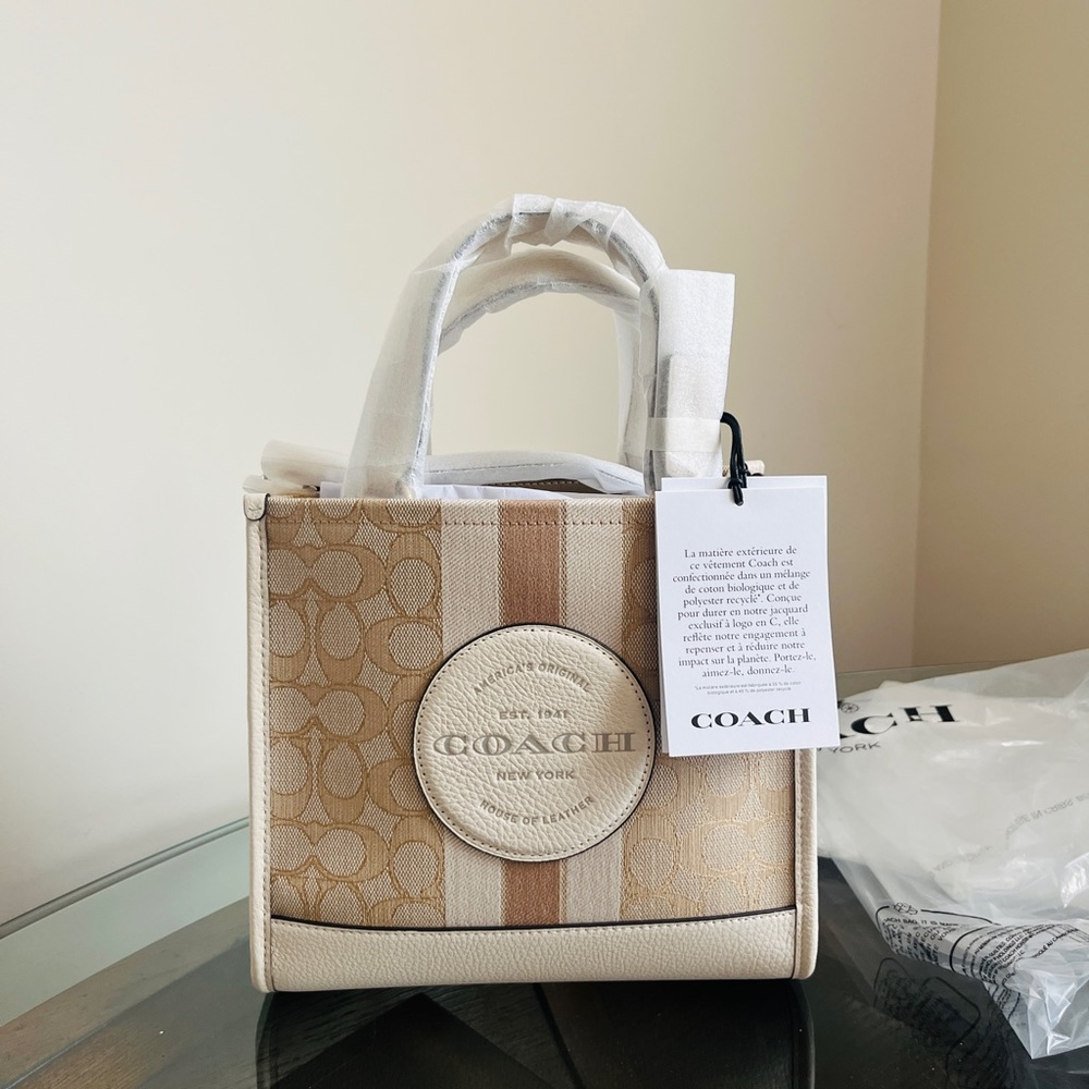 Coach Dempsey Tote 22 In Signature Jacquard With Stripe And Coach Patch  Khaki